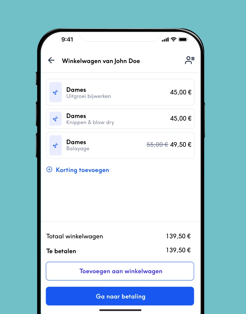 De nieuwe checkout van Treatwell Connect met de winkelwagen en het te betalen bedrag