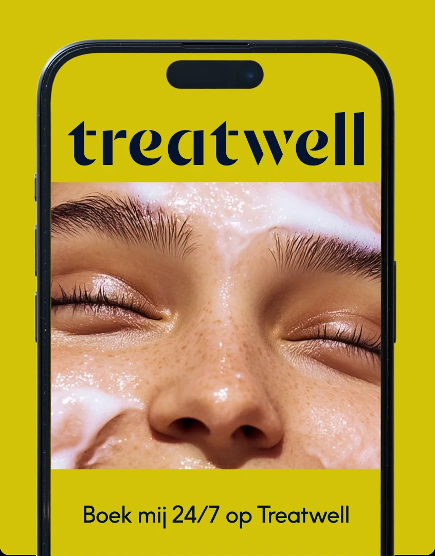 Smartphone met de Treatwell-app en de uitnodiging om 24/7 te boeken